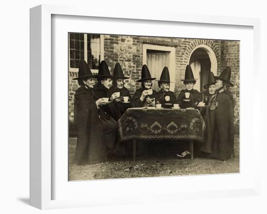 Eight Women in High Hats Having Tea in Norfolk, England, Ca. 1920-null-Framed Photo