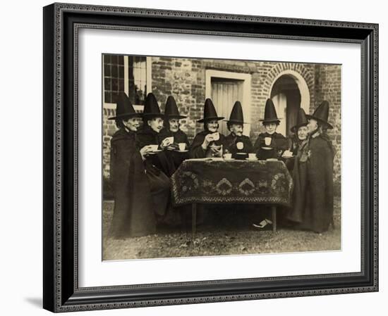 Eight Women in High Hats Having Tea in Norfolk, England, Ca. 1920-null-Framed Photo