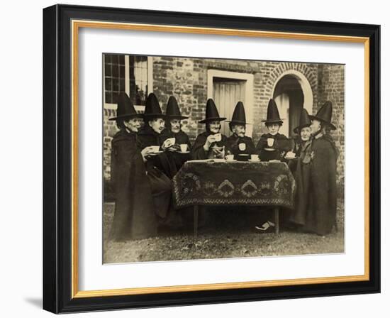 Eight Women in High Hats Having Tea in Norfolk, England, Ca. 1920-null-Framed Photo