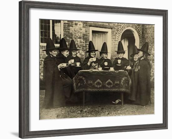 Eight Women in High Hats Having Tea in Norfolk, England, Ca. 1920--Framed Photo