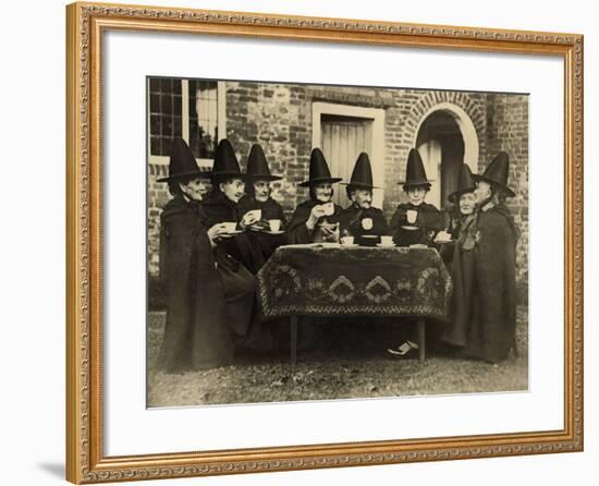 Eight Women in High Hats Having Tea in Norfolk, England, Ca. 1920-null-Framed Photo