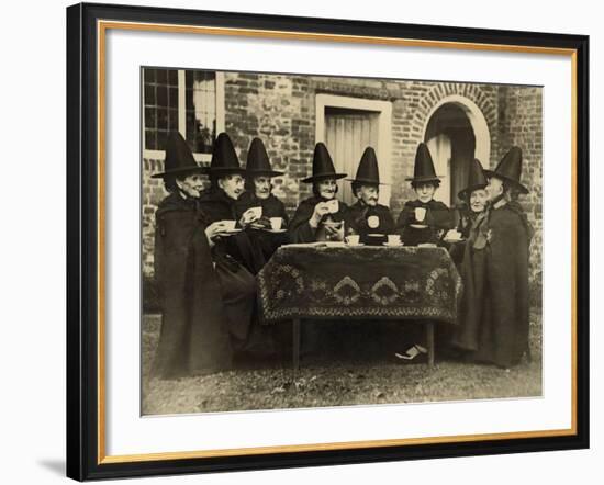 Eight Women in High Hats Having Tea in Norfolk, England, Ca. 1920-null-Framed Photo