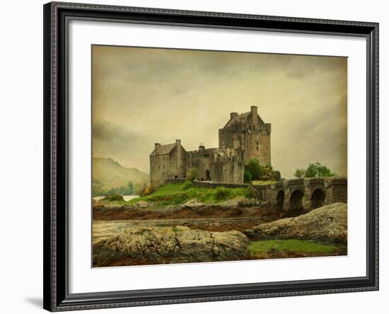 Eilean Donan Castle on a Cloudy Day. Low Tide. Scotland, Uk. Photo in Retro Style. Paper Texture.-A_nella-Framed Photographic Print