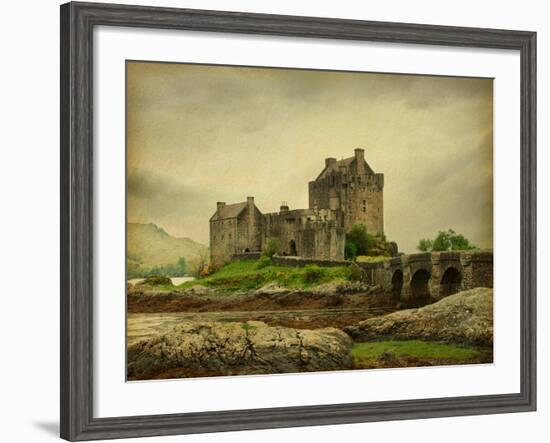 Eilean Donan Castle on a Cloudy Day. Low Tide. Scotland, Uk. Photo in Retro Style. Paper Texture.-A_nella-Framed Photographic Print