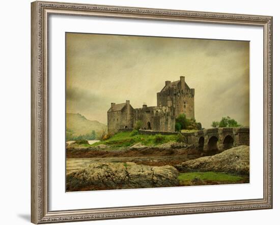 Eilean Donan Castle on a Cloudy Day. Low Tide. Scotland, Uk. Photo in Retro Style. Paper Texture.-A_nella-Framed Photographic Print