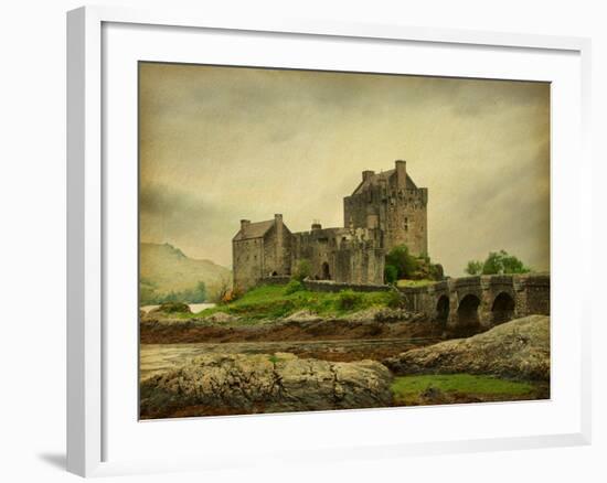 Eilean Donan Castle on a Cloudy Day. Low Tide. Scotland, Uk. Photo in Retro Style. Paper Texture.-A_nella-Framed Photographic Print