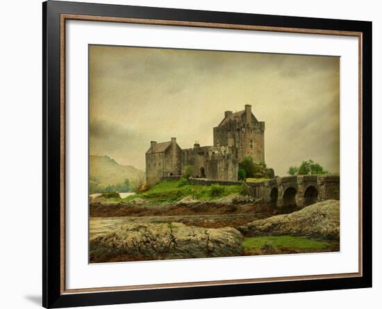 Eilean Donan Castle on a Cloudy Day. Low Tide. Scotland, Uk. Photo in Retro Style. Paper Texture.-A_nella-Framed Photographic Print