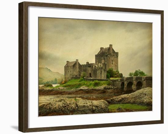 Eilean Donan Castle on a Cloudy Day. Low Tide. Scotland, Uk. Photo in Retro Style. Paper Texture.-A_nella-Framed Photographic Print