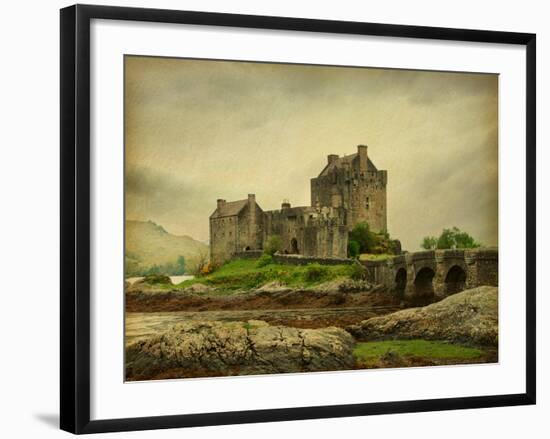 Eilean Donan Castle on a Cloudy Day. Low Tide. Scotland, Uk. Photo in Retro Style. Paper Texture.-A_nella-Framed Photographic Print