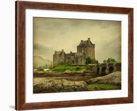 Eilean Donan Castle on a Cloudy Day. Low Tide. Scotland, Uk. Photo in Retro Style. Paper Texture.-A_nella-Framed Photographic Print