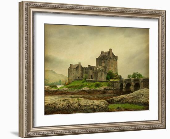 Eilean Donan Castle on a Cloudy Day. Low Tide. Scotland, Uk. Photo in Retro Style. Paper Texture.-A_nella-Framed Photographic Print