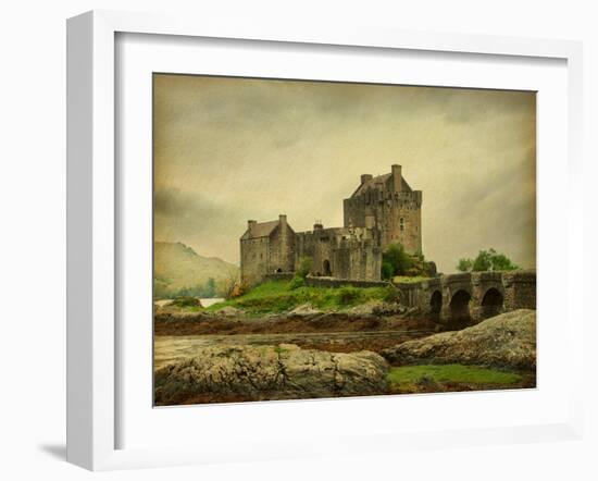 Eilean Donan Castle on a Cloudy Day. Low Tide. Scotland, Uk. Photo in Retro Style. Paper Texture.-A_nella-Framed Photographic Print