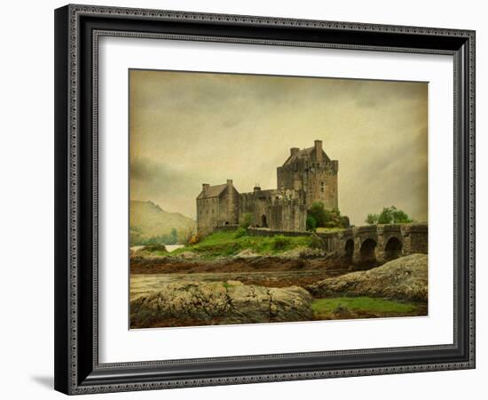 Eilean Donan Castle on a Cloudy Day. Low Tide. Scotland, Uk. Photo in Retro Style. Paper Texture.-A_nella-Framed Photographic Print