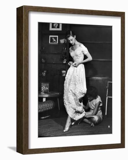 Eileen Ford Repairing a Gown So Model Barbara Mullen Can Wear it to a Party, New York, NY, 1948-Nina Leen-Framed Photographic Print