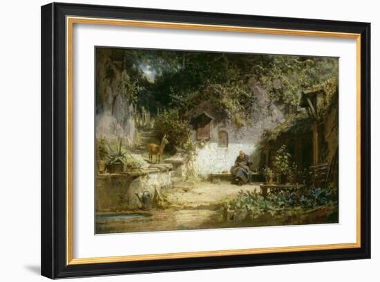 Ein Reh besucht einen handarbeitenden Klausner-Carl Spitzweg-Framed Giclee Print