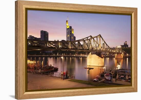 Eiserner Steg Bridge and financial district at sunset, Frankfurt, Hesse, Germany, Europe-Markus Lange-Framed Premier Image Canvas