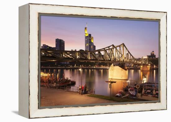 Eiserner Steg Bridge and financial district at sunset, Frankfurt, Hesse, Germany, Europe-Markus Lange-Framed Premier Image Canvas