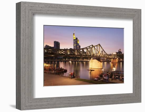 Eiserner Steg Bridge and financial district at sunset, Frankfurt, Hesse, Germany, Europe-Markus Lange-Framed Photographic Print