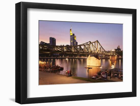 Eiserner Steg Bridge and financial district at sunset, Frankfurt, Hesse, Germany, Europe-Markus Lange-Framed Photographic Print