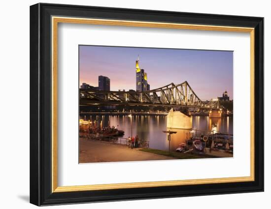 Eiserner Steg Bridge and financial district at sunset, Frankfurt, Hesse, Germany, Europe-Markus Lange-Framed Photographic Print