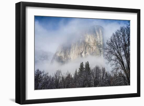 El Capitan Shrouded In Clouds And Framed By The Trees In The Meadow-Joe Azure-Framed Photographic Print