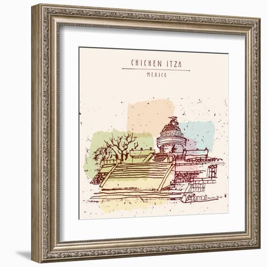 El Caracol or the Observatory Toltec Maya Ruins. Chichen Itza, Yukatan, Mexico. Hand Drawn Postcard-babayuka-Framed Art Print