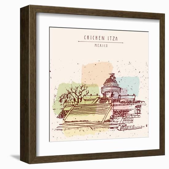 El Caracol or the Observatory Toltec Maya Ruins. Chichen Itza, Yukatan, Mexico. Hand Drawn Postcard-babayuka-Framed Art Print