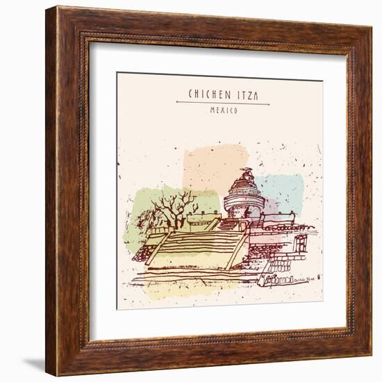 El Caracol or the Observatory Toltec Maya Ruins. Chichen Itza, Yukatan, Mexico. Hand Drawn Postcard-babayuka-Framed Art Print