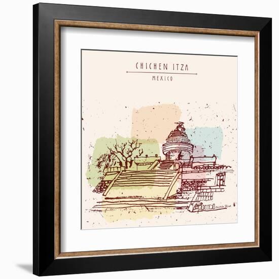 El Caracol or the Observatory Toltec Maya Ruins. Chichen Itza, Yukatan, Mexico. Hand Drawn Postcard-babayuka-Framed Art Print