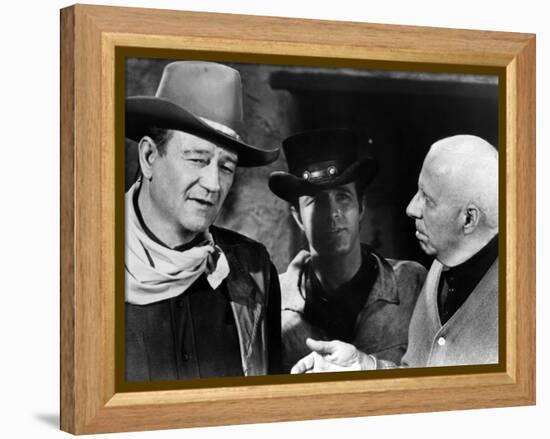 EL DORADO, 1967 directed by HOWARD HAWKS On the set, Howard Hawks with John Wayne and James Caan (b-null-Framed Stretched Canvas