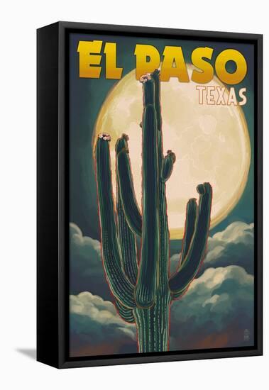 El Paso, Texas - Cactus and Full Moon-Lantern Press-Framed Stretched Canvas