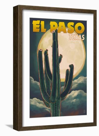 El Paso, Texas - Cactus and Full Moon-Lantern Press-Framed Art Print