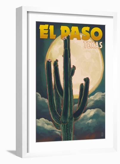 El Paso, Texas - Cactus and Full Moon-Lantern Press-Framed Art Print