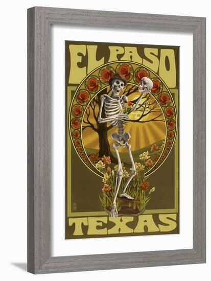 El Paso, Texas - Day of the Dead - Skeleton Holding Sugar Skull-Lantern Press-Framed Art Print