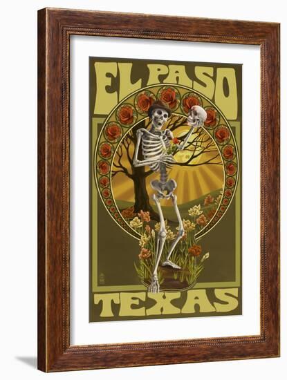 El Paso, Texas - Day of the Dead - Skeleton Holding Sugar Skull-Lantern Press-Framed Art Print