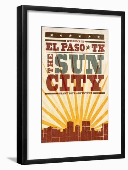 El Paso, Texas - Skyline and Sunburst Screenprint Style-Lantern Press-Framed Art Print
