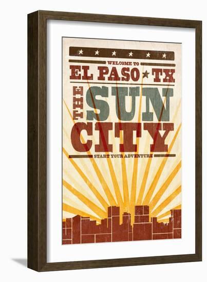 El Paso, Texas - Skyline and Sunburst Screenprint Style-Lantern Press-Framed Art Print