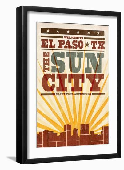 El Paso, Texas - Skyline and Sunburst Screenprint Style-Lantern Press-Framed Art Print