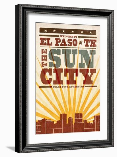 El Paso, Texas - Skyline and Sunburst Screenprint Style-Lantern Press-Framed Art Print