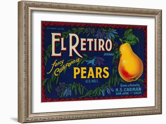 El Retiro Pear Crate Label - San Jose, CA-Lantern Press-Framed Art Print