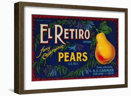 El Retiro Pear Crate Label - San Jose, CA-Lantern Press-Framed Art Print