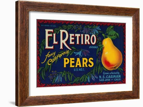 El Retiro Pear Crate Label - San Jose, CA-Lantern Press-Framed Art Print