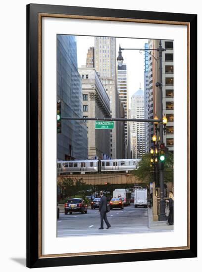 El Train Crossing North Clark Street, the Loop, Chicago, Illinois, United States of America-Amanda Hall-Framed Photographic Print