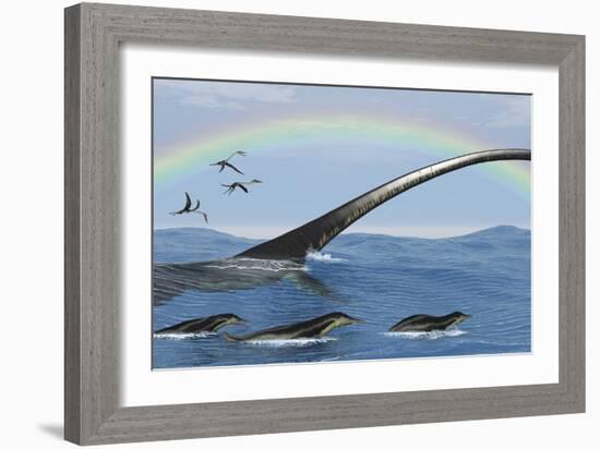 Elasmosaurus Tries to Capture a Dolichorhynchops Reptile-Stocktrek Images-Framed Art Print