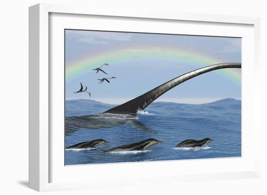 Elasmosaurus Tries to Capture a Dolichorhynchops Reptile-Stocktrek Images-Framed Art Print