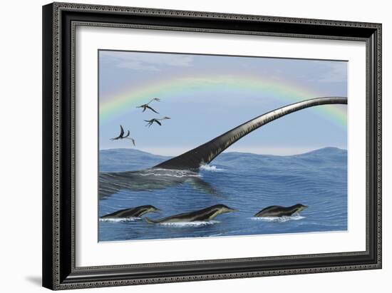 Elasmosaurus Tries to Capture a Dolichorhynchops Reptile-Stocktrek Images-Framed Art Print