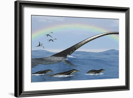 Elasmosaurus Tries to Capture a Dolichorhynchops Reptile-Stocktrek Images-Framed Art Print