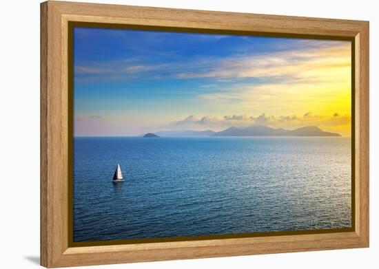 Elba Island Sunset View from Piombino an Sail Boat. Mediterranean Sea. Italy-stevanzz-Framed Premier Image Canvas