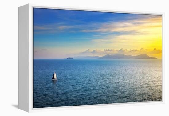 Elba Island Sunset View from Piombino an Sail Boat. Mediterranean Sea. Italy-stevanzz-Framed Premier Image Canvas