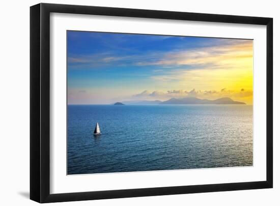 Elba Island Sunset View from Piombino an Sail Boat. Mediterranean Sea. Italy-stevanzz-Framed Photographic Print